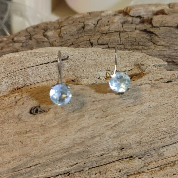 Vintage Light Sky Blue Sterling Silver 925 Topaz 8mm Drop Earrings  Hook Backs - Picture 7 of 11